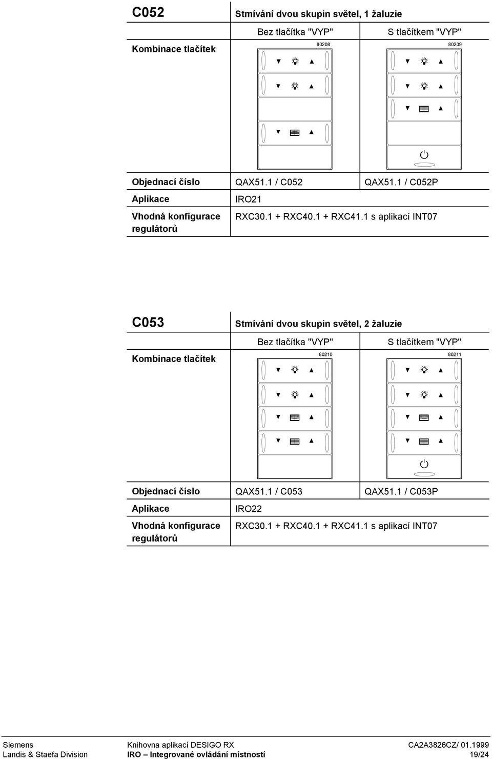 1 s aplikací INT07 C053 Stmívání dvou skupin světel, 2 žaluzie 80210 80211 Objednací číslo QAX51.