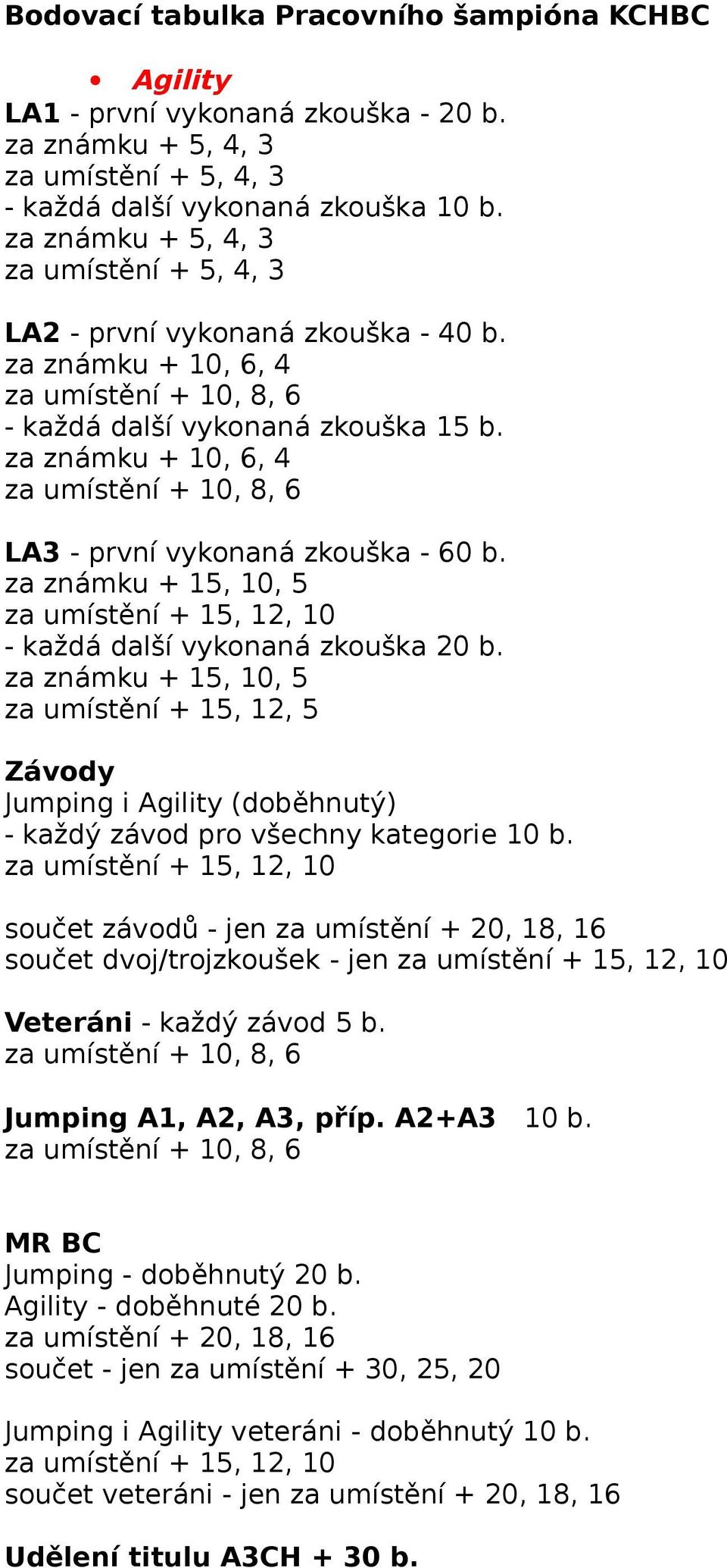 za umístění + 15, 12, 5 Závody Jumping i Agility (doběhnutý) - každý závod pro všechny kategorie 10 b. součet závodů - jen součet dvoj/trojzkoušek - jen Veteráni - každý závod 5 b.