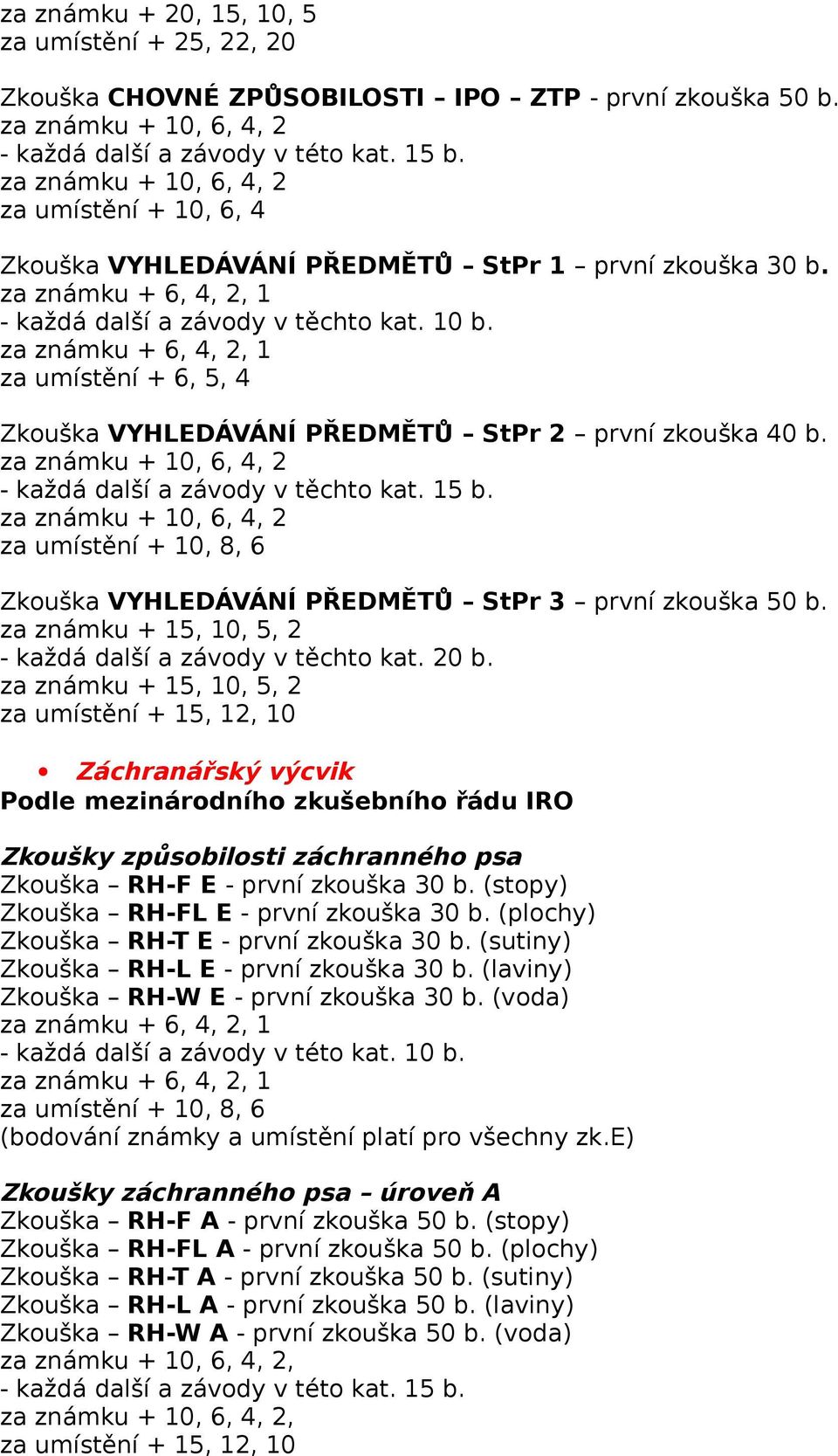 Záchranářský výcvik Podle mezinárodního zkušebního řádu IRO Zkoušky způsobilosti záchranného psa Zkouška RH-F E - první zkouška 30 b. (stopy) Zkouška RH-FL E - první zkouška 30 b.