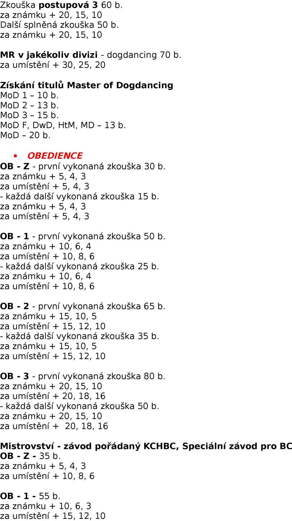 za umístění + 5, 4, 3 - každá další vykonaná zkouška 15 b. za umístění + 5, 4, 3 OB - 1 - první vykonaná zkouška 50 b. - každá další vykonaná zkouška 25 b.