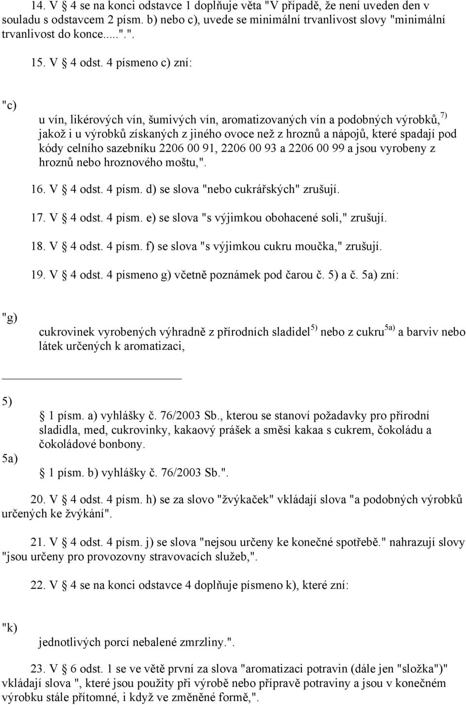 4 písmeno c) zní: "c) u vín, likérových vín, šumivých vín, aromatizovaných vín a podobných výrobků, 7) jakož i u výrobků získaných z jiného ovoce než z hroznů a nápojů, které spadají pod kódy celního