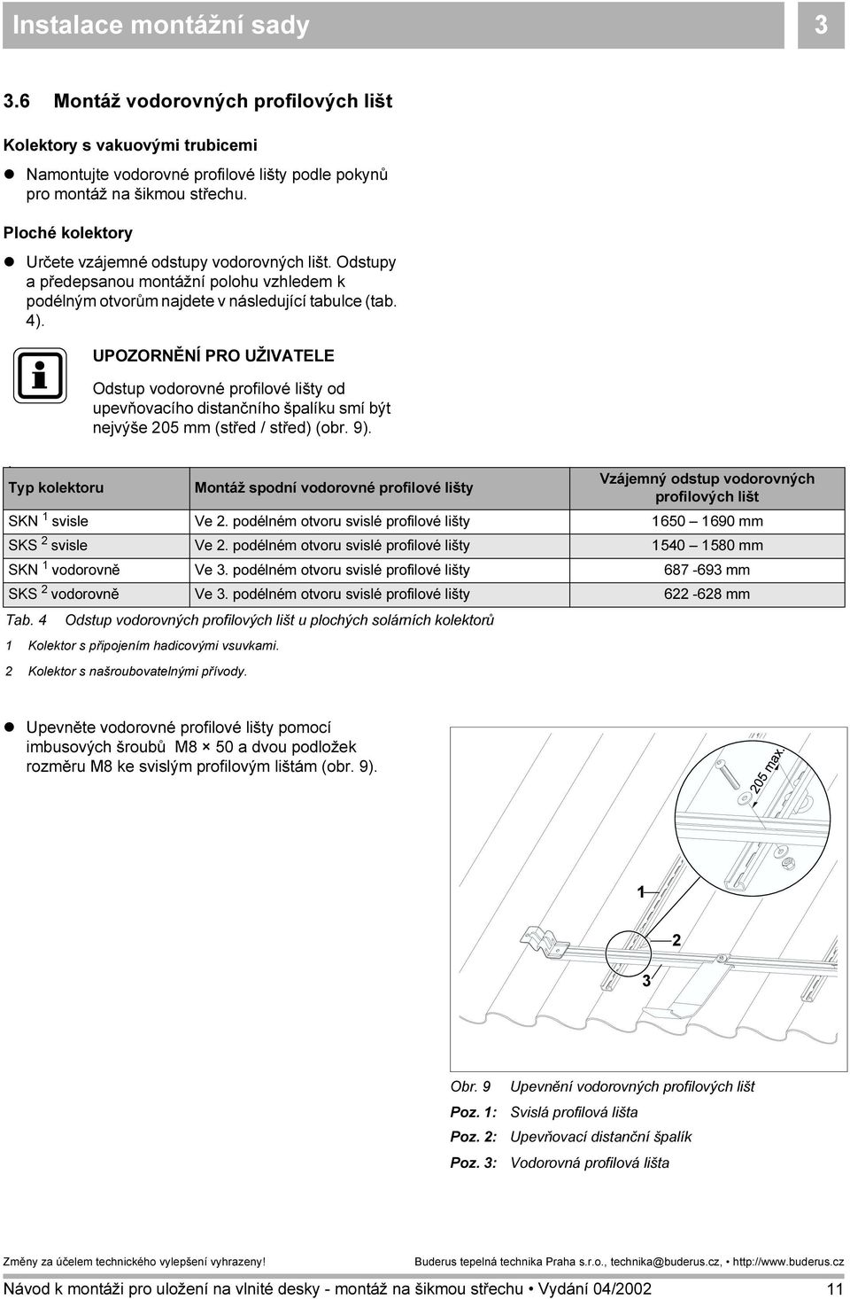 Odstup vodorovné profilové lišty od upevňovacího distančního špalíku smí být nejvýše 05 mm (střed / střed) (obr. 9).