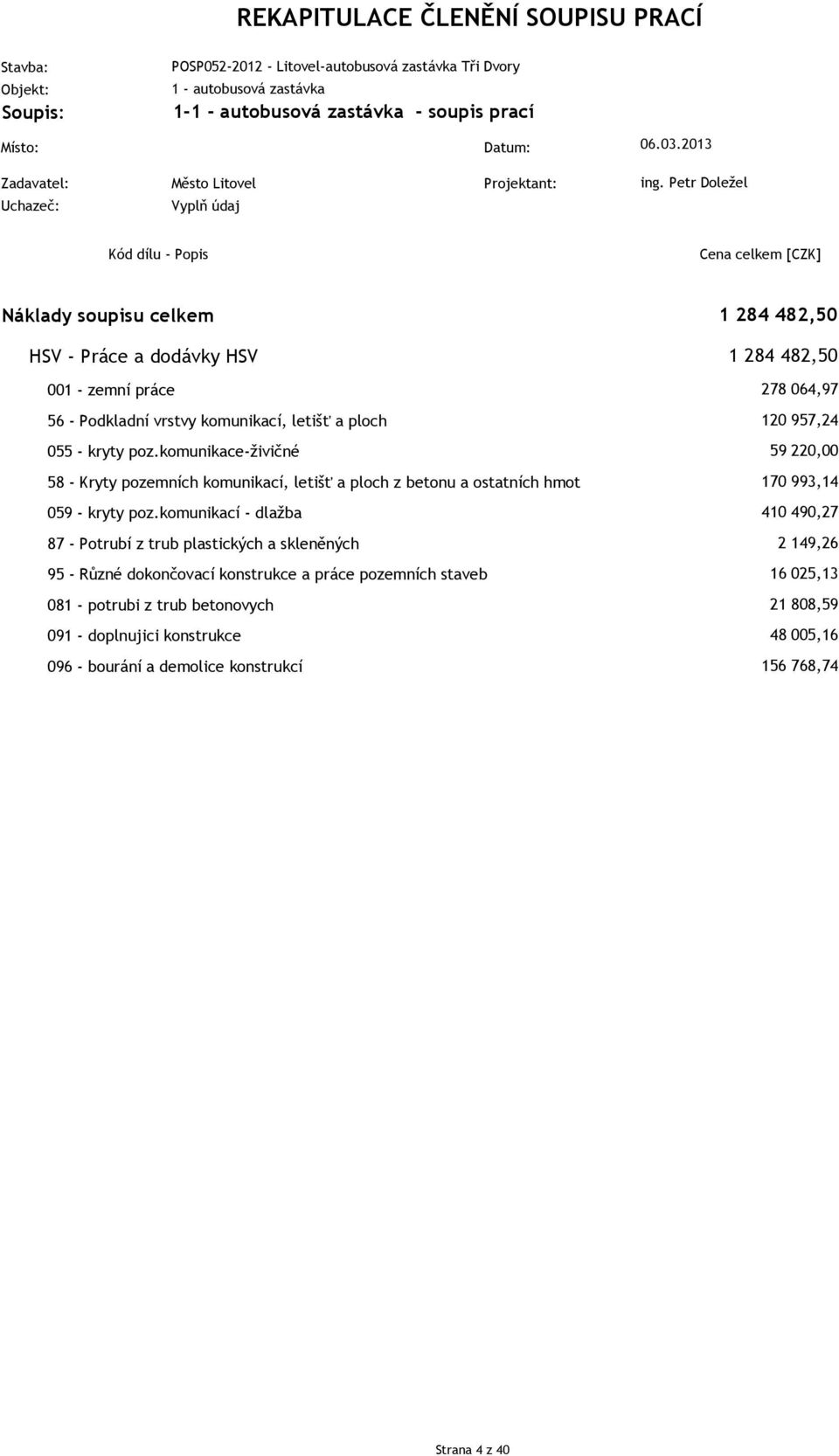 Petr Doležel Kód dílu - Popis Náklady soupisu celkem HSV - Práce a dodávky HSV 001 - zemní práce 56 - Podkladní vrstvy komunikací, letišť a ploch 055 - kryty poz.