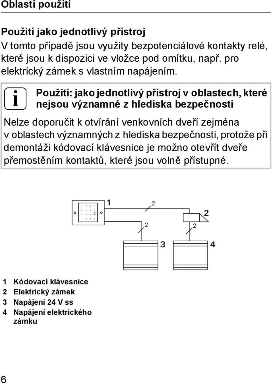 i Použití: jako jednotlivý přístroj v oblastech, které nejsou významné z hlediska bezpečnosti Nelze doporučit k otvírání venkovních dveří zejména v oblastech