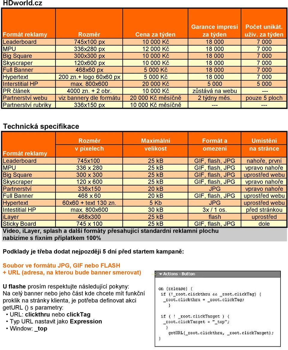 5 000 Kč 18 000 7 000 Hypertext 200 zn.+ logo 60x60 px 5 000 Kč 18 000 7 000 Interstitial HP max. 800x600 20 000 Kč 5 000 5 000 Partnerství webu viz bannery dle formátu 20 000 Kč měsíčně 2 týdny měs.