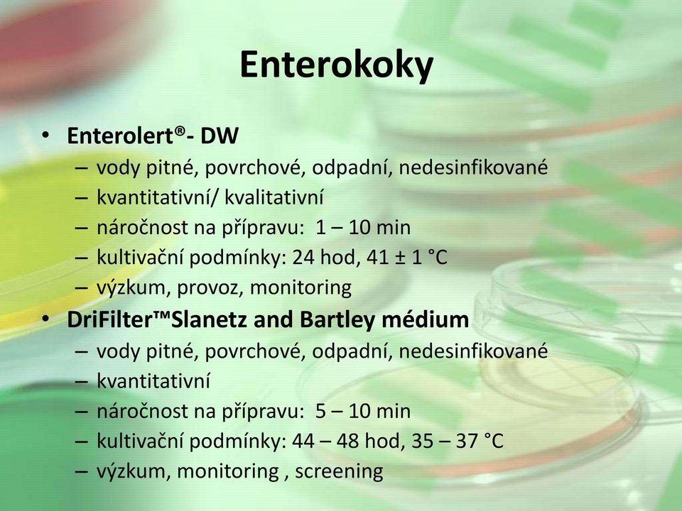 DriFilter Slanetz and Bartley médium, nedesinfikované kvantitativní náročnost na