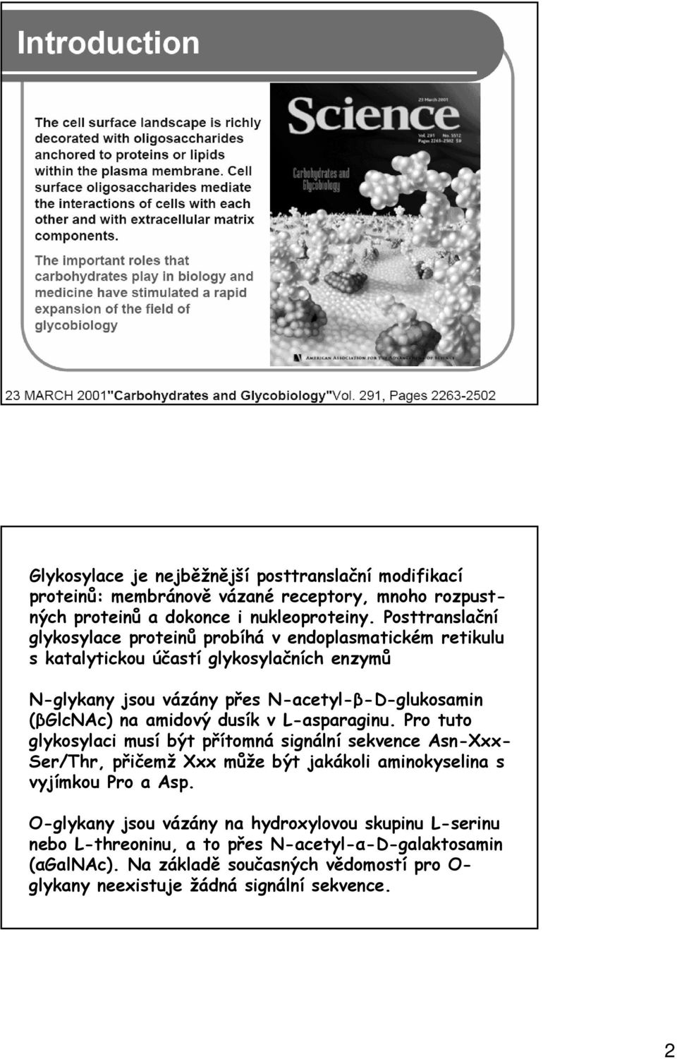 na amidový dusík v L-asparaginu. Pro tuto glykosylaci musí být přítomná signální sekvence Asn-Xxx- Ser/Thr, přičemž Xxx může být jakákoli aminokyselina s vyjímkou Pro a Asp.