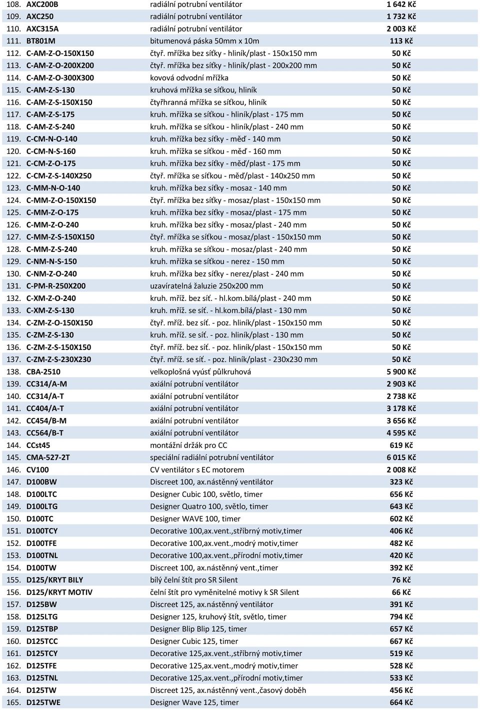mřížka bez síťky - hliník/plast - 200x200 mm 50 Kč 114. C-AM-Z-O-300X300 kovová odvodní mřížka 50 Kč 115. C-AM-Z-S-130 kruhová mřížka se síťkou, hliník 50 Kč 116.