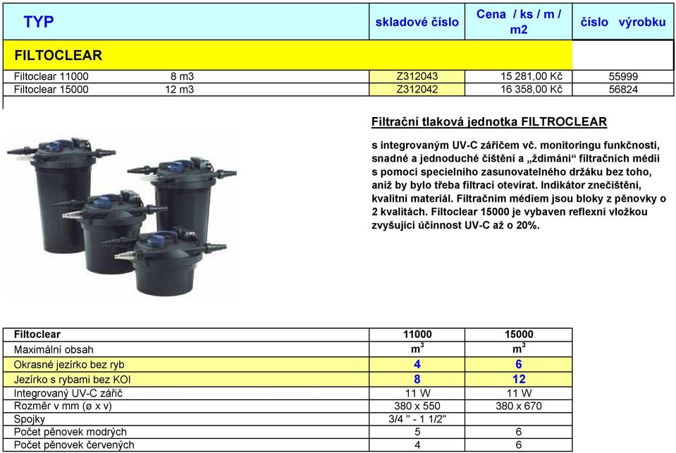 Indikátor znečištění, kvalitní materiál. Filtračním médiem jsou bloky z pěnovky o 2 kvalitách. Filtoclear 15000 je vybaven reflexní vložkou zvyšující účinnost UV-C až o 20%.