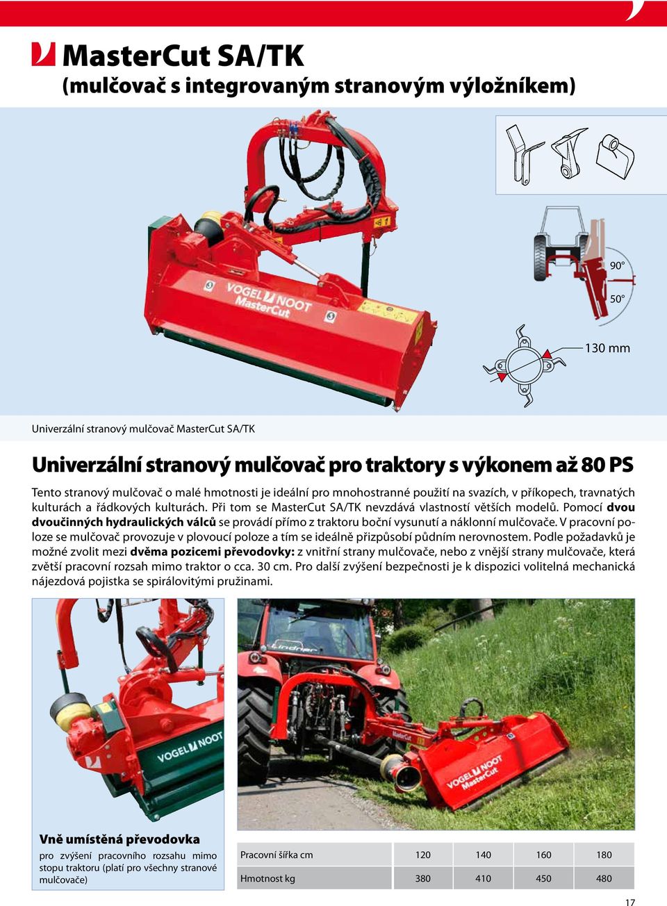 Pomocí dvou dvoučinných hydraulických válců se provádí přímo z traktoru boční vysunutí a náklonní mulčovače.