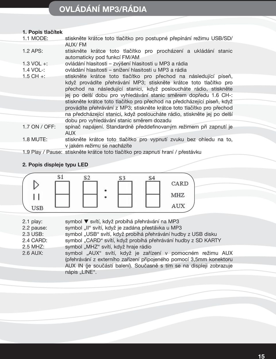 4 VOL-: ovládání hlasitosti snížení hlasitosti u MP3 a rádia 1.