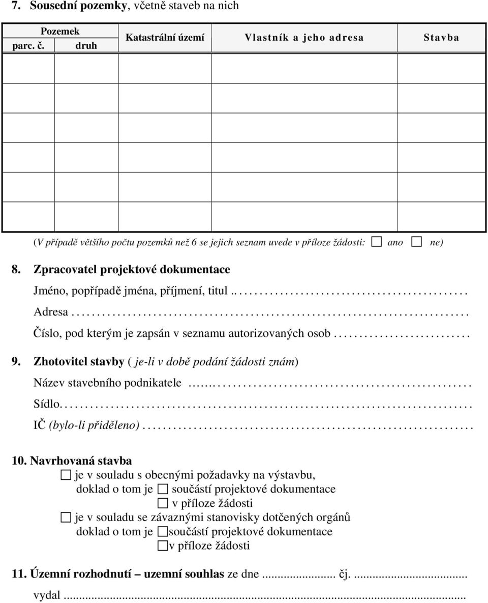 Zpracovatel projektové dokumentace Jméno, popřípadě jména, příjmení, titul............................................... Adresa.............................................................................. Číslo, pod kterým je zapsán v seznamu autorizovaných osob.