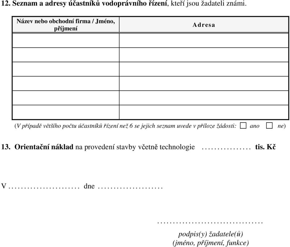 seznam uvede v příloze žádosti: ano ne) 13. Orientační náklad na provedení stavby včetně technologie................ tis.