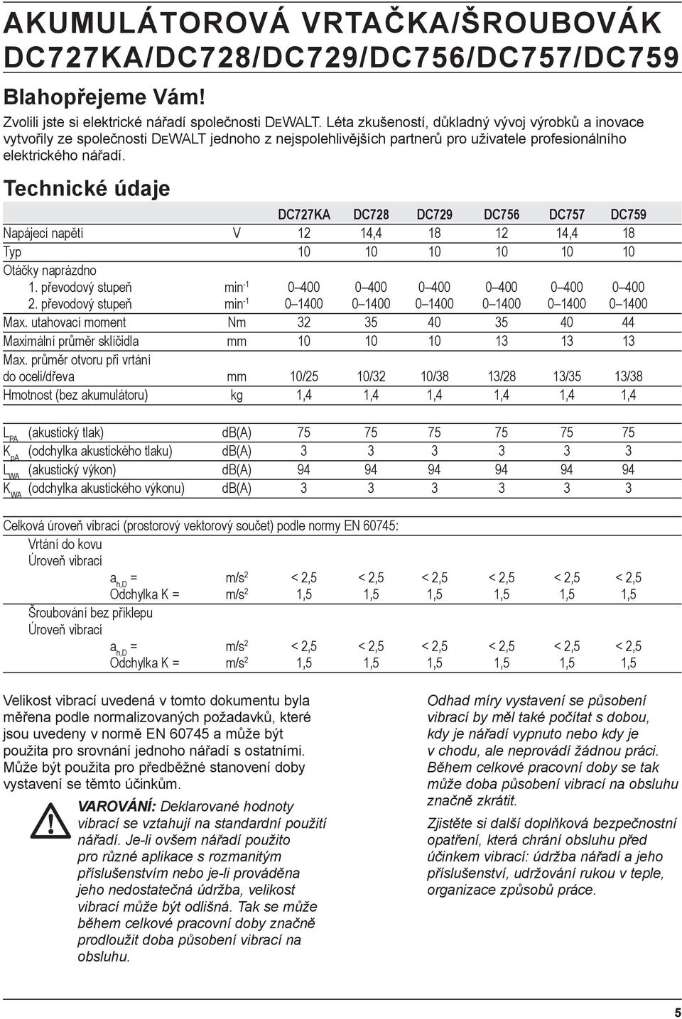 Technické údaje DC727KA DC728 DC729 DC756 DC757 DC759 Napájecí napětí V 12 14,4 18 12 14,4 18 Typ 10 10 10 10 10 10 Otáčky naprázdno 1. převodový stupeň min -1 0 400 0 400 0 400 0 400 0 400 0 400 2.