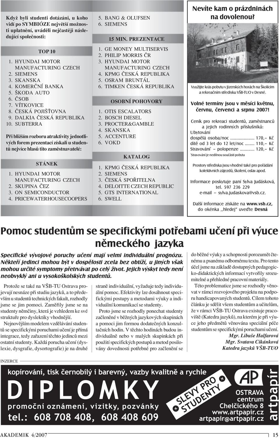 SUBTERRA P i bliûöìm rozboru atraktivity jednotliv ch forem prezentacì zìskali u student nejvìce hlas tito zamïstnavatelè: ST NEK 1. HYUNDAI MOTOR MANUFACTURING CZECH 2. SKUPINA»EZ 3.