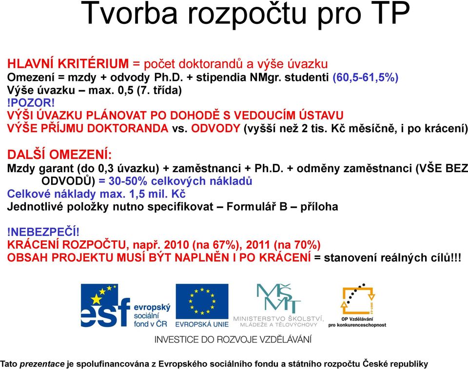 Kč měsíčně, i po krácení) DALŠÍ OMEZENÍ: Mzdy garant (do 0,3 úvazku) + zaměstnanci + Ph.D. + odměny zaměstnanci (VŠE BEZ ODVODŮ) = 30-50% celkových nákladů Celkové náklady max.