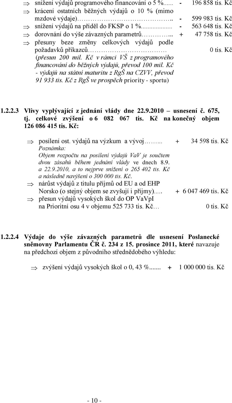 Kč v rámci VŠ z programového financování do běžných výdajů, převod 100 mil. Kč - výdajů na státní maturitu z RgŠ na CZVV, převod 91 933 tis. Kč z RgŠ ve prospěch priority - sportu) 1.2.