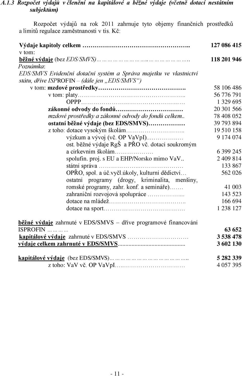 ... 118 201 946 Poznámka: EDS/SMVS Evidenční dotační systém a Správa majetku ve vlastnictví státu, dříve ISPROFIN (dále jen EDS/SMVS ) v tom: mzdové prostředky. 58 106 486 v tom: platy.