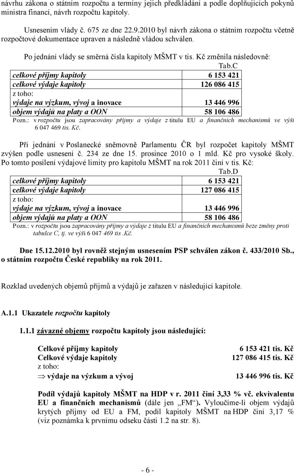 C celkové příjmy kapitoly 6 153 421 celkové výdaje kapitoly 126 086 415 z toho: výdaje na výzkum, vývoj a inovace 13 446 996 objem výdajů na platy a OON 58 106 486 Pozn.