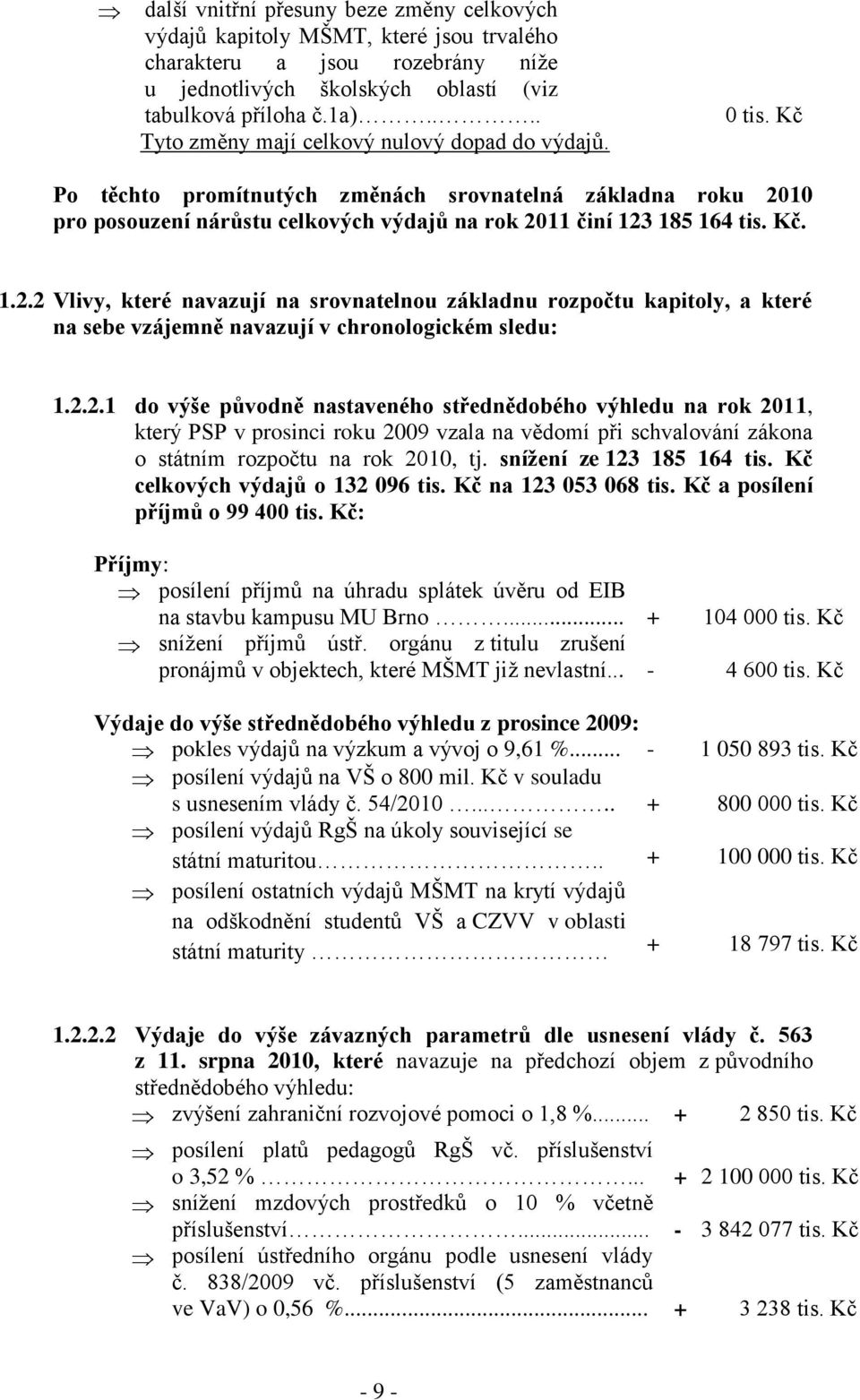 10 pro posouzení nárůstu celkových výdajů na rok 2011 činí 123 185 164 tis. Kč. 1.2.2 Vlivy, které navazují na srovnatelnou základnu rozpočtu kapitoly, a které na sebe vzájemně navazují v chronologickém sledu: 1.