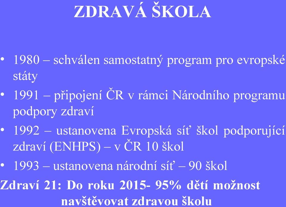 Evropská síť škol podporující zdraví (ENHPS) v ČR 10 škol 1993 ustanovena