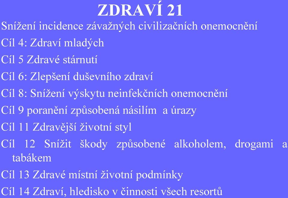 poranění způsobená násilím a úrazy Cíl 11 Zdravější životní styl Cíl 12 Snížit škody způsobené