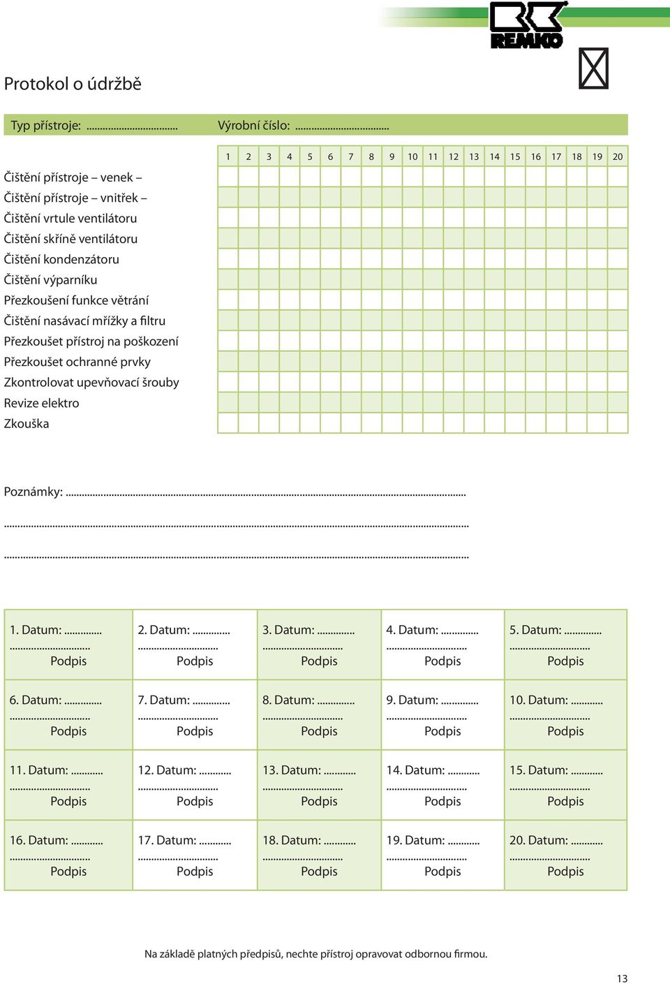 a filtru Přezkoušet přístroj na poškození Přezkoušet ochranné prvky Zkontrolovat upevňovací šrouby Revize elektro Zkouška 1 2 3 4 5 6 7 8 9 10 11 12 13 14 15 16 17 18 19 20 Poznámky:......... 1. Datum:.