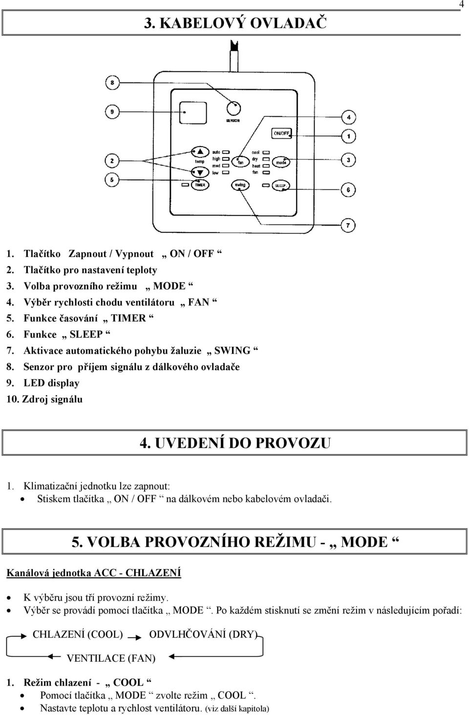 Klimatizační jednotku lze zapnout: Stiskem tlačítka ON / OFF na dálkovém nebo kabelovém ovladači. 5. VOLBA PROVOZNÍHO REŽIMU - MODE Kanálová jednotka ACC - CHLAZENÍ K výběru jsou tří provozní režimy.