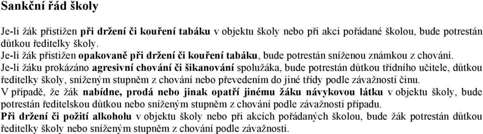 Je-li žáku prokázáno agresivní chování či šikanování spolužáka, bude potrestán důtkou třídního učitele, důtkou ředitelky školy, sníženým stupněm z chování nebo převedením do jiné třídy podle