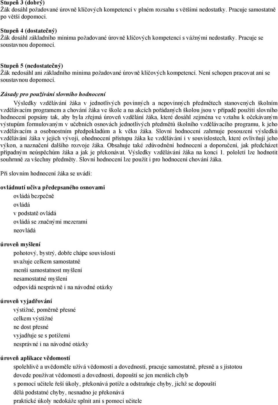Stupeň 5 (nedostatečný) Žák nedosáhl ani základního minima požadované úrovně klíčových kompetencí. Není schopen pracovat ani se soustavnou dopomocí.