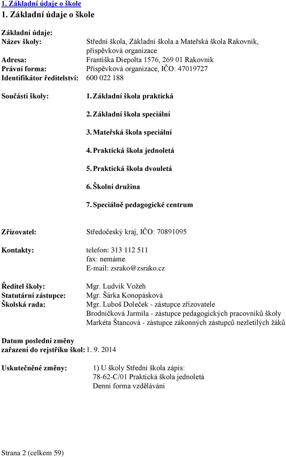 Příspěvková organizace, IČO: 47019727 Identifikátor ředitelství: 600 022 188 Součásti školy: 1. Základní škola praktická 2. Základní škola speciální 3. Mateřská škola speciální 4.