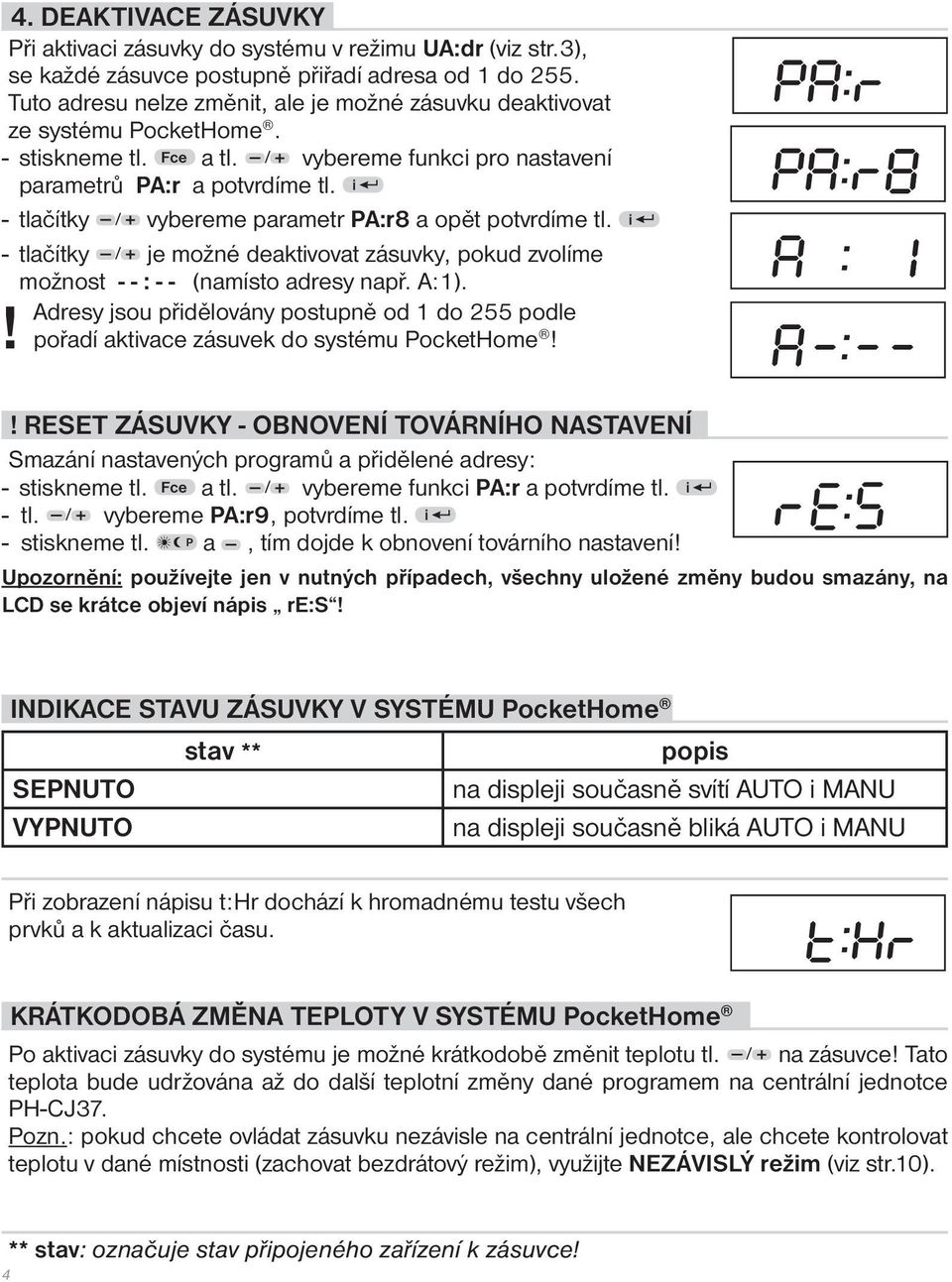i - tlačítky / vybereme parametr PA:r8 a opět potvrdíme tl. i - tlačítky / je možné deaktivovat zásuvky, pokud zvolíme možnost - - : - - (namísto adresy např. A:1).