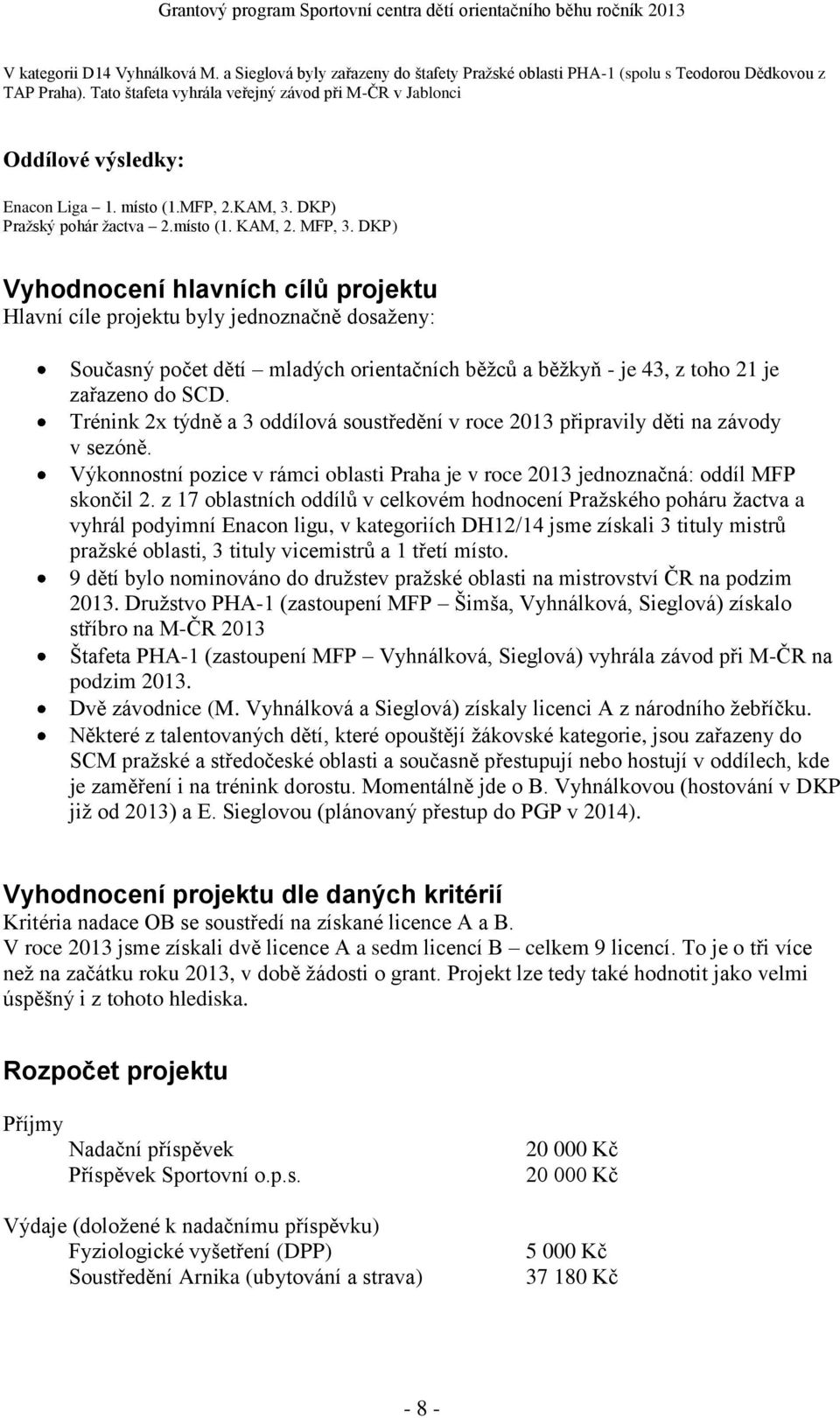 DKP) Vyhodnocení hlavních cílů projektu Hlavní cíle projektu byly jednoznačně dosaženy: Současný počet dětí mladých orientačních běžců a běžkyň - je 43, z toho 21 je zařazeno do SCD.