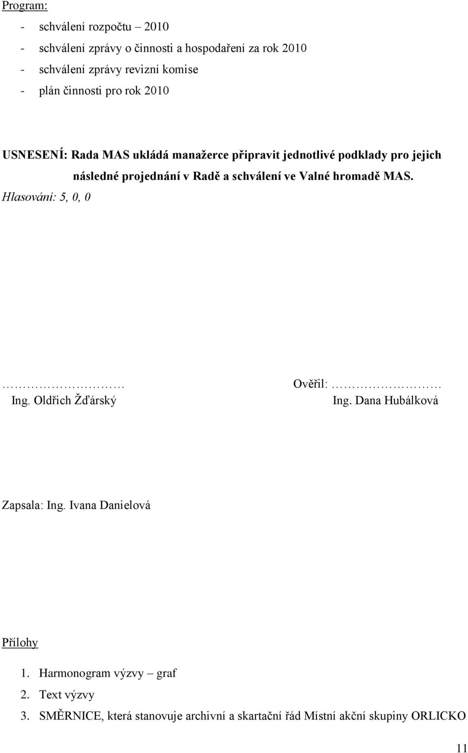 následné projednání v Radě a schválení ve Valné hromadě MAS. Ing. Oldřich Žďárský Ověřil: Ing. Dana Hubálková Zapsala: Ing.