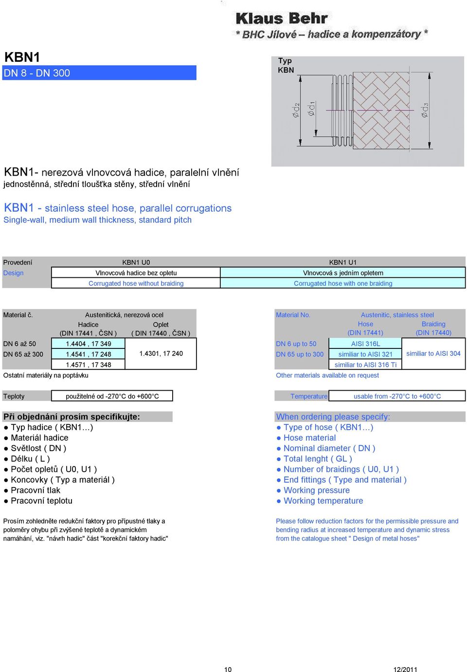 Material č. Material No. Hose (DIN 17441) Braiding (DIN 17440) DN 6 až 50 1.4404, 17 349 DN 6 up to 50 AISI 316L DN 65 až 300 1.4541, 17 248 1.