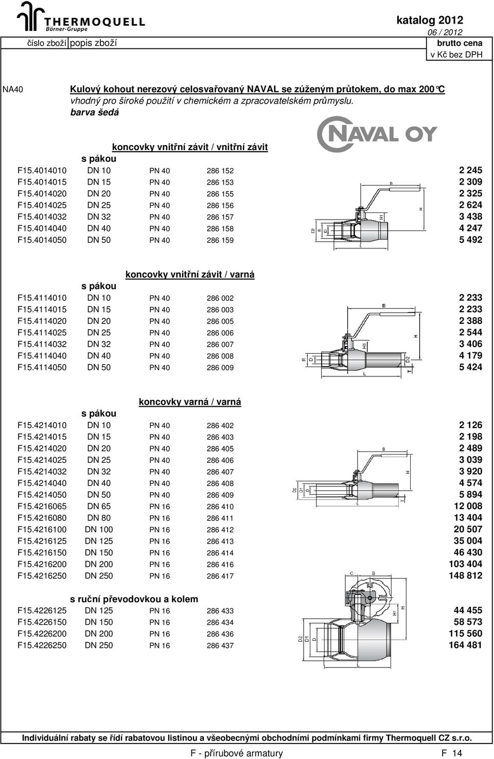 4014025 DN 25 PN 40 286 156 2 624 F15.4014032 DN 32 PN 40 286 157 3 438 F15.4014040 DN 40 PN 40 286 158 4 247 F15.4014050 DN 50 PN 40 286 159 5 492 koncovky vnitřní závit / varná F15.