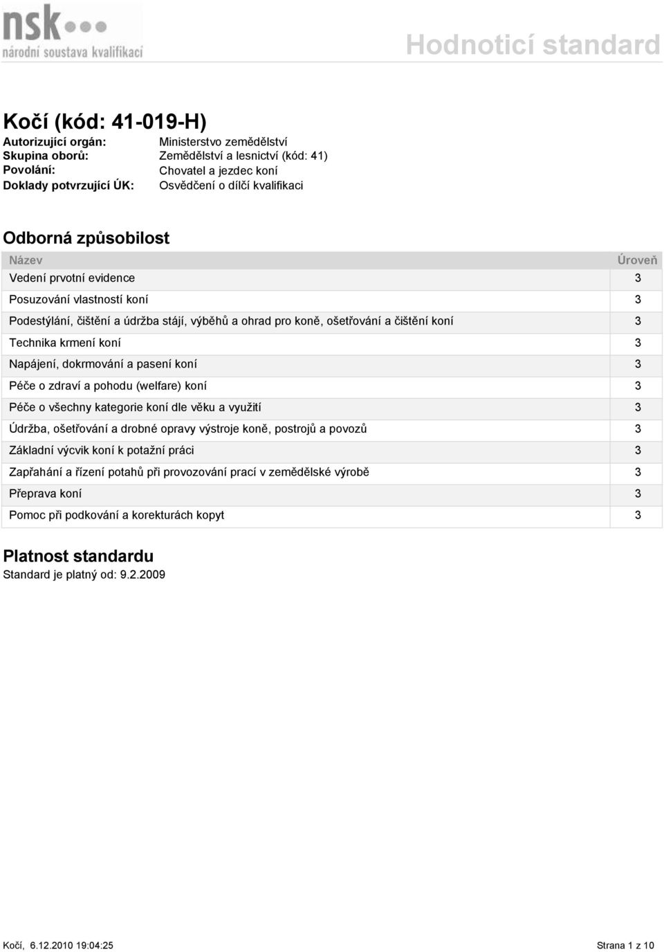 krmení koní 3 Napájení, dokrmování a pasení koní 3 Péče o zdraví a pohodu (welfare) koní 3 Péče o všechny kategorie koní dle věku a využití 3 Údržba, ošetřování a drobné opravy výstroje koně,