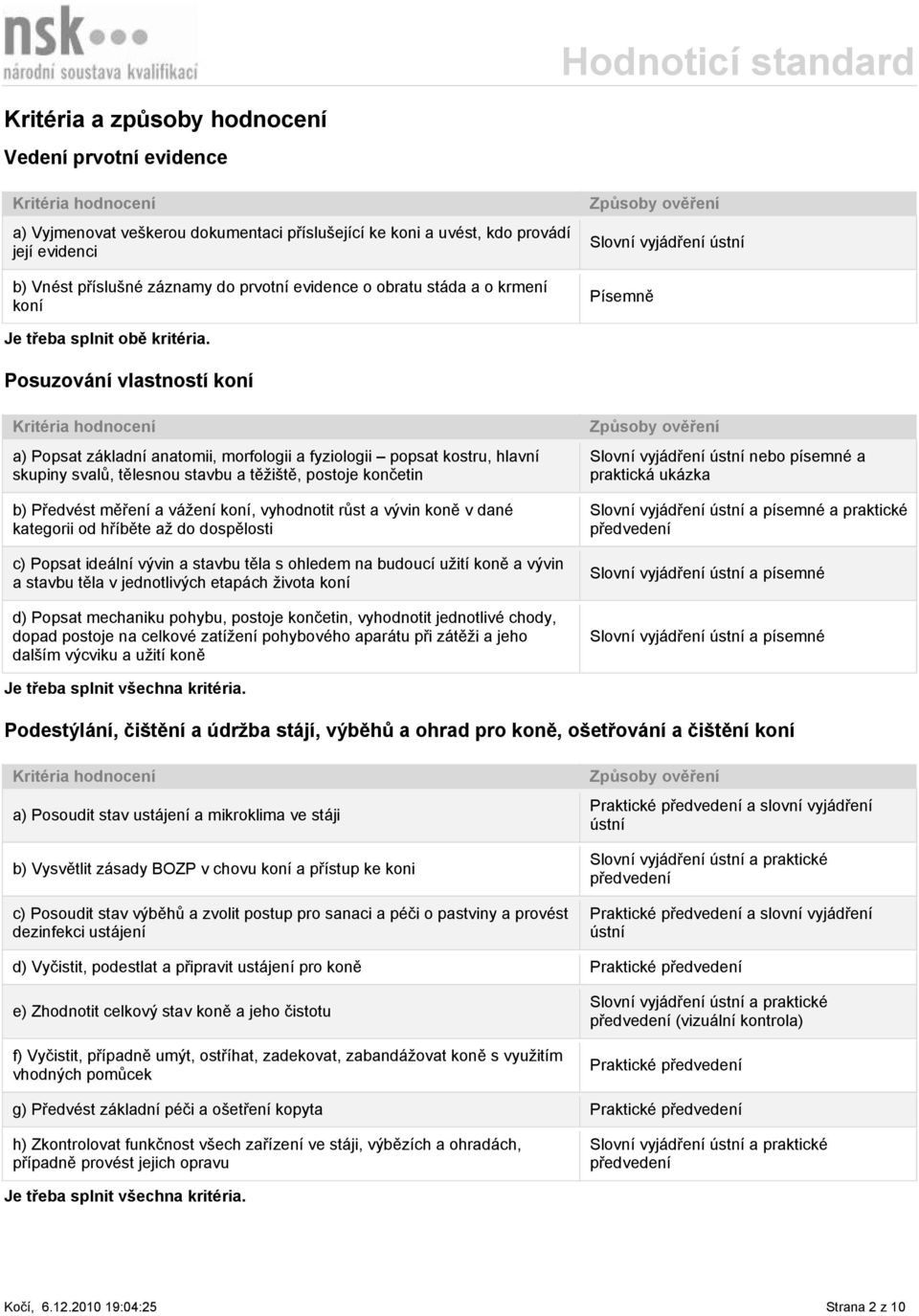 Posuzování vlastností koní a) Popsat základní anatomii, morfologii a fyziologii popsat kostru, hlavní skupiny svalů, tělesnou stavbu a těžiště, postoje končetin b) Předvést měření a vážení koní,