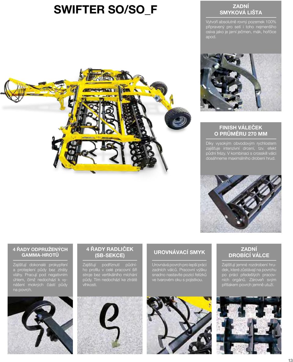 4 ŘADY ODPRUŽENÝCH GAMMA-HROTŮ 4 ŘADY RADLIČEK (SB-SEKCE) UROVNÁVACÍ SMYK ZADNÍ DROBÍCÍ VÁLCE Zajišťují dokonalé prokypření a proteplení půdy bez ztráty vláhy.