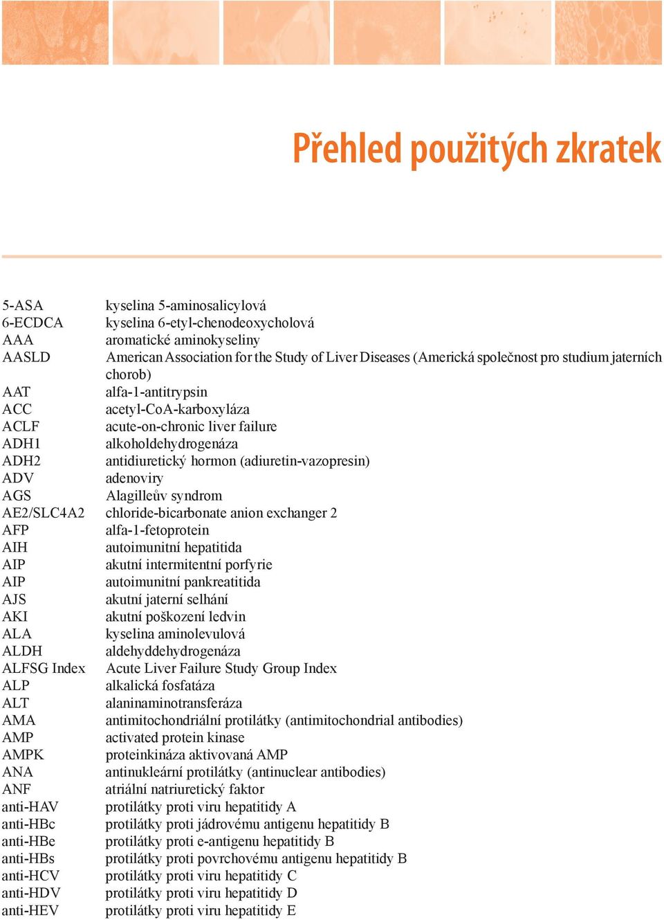 (adiuretin-vazopresin) ADV adenoviry AGS Alagilleův syndrom AE2/SLC4A2 chloride-bicarbonate anion exchanger 2 AFP alfa-1-fetoprotein AIH autoimunitní hepatitida AIP akutní intermitentní porfyrie AIP