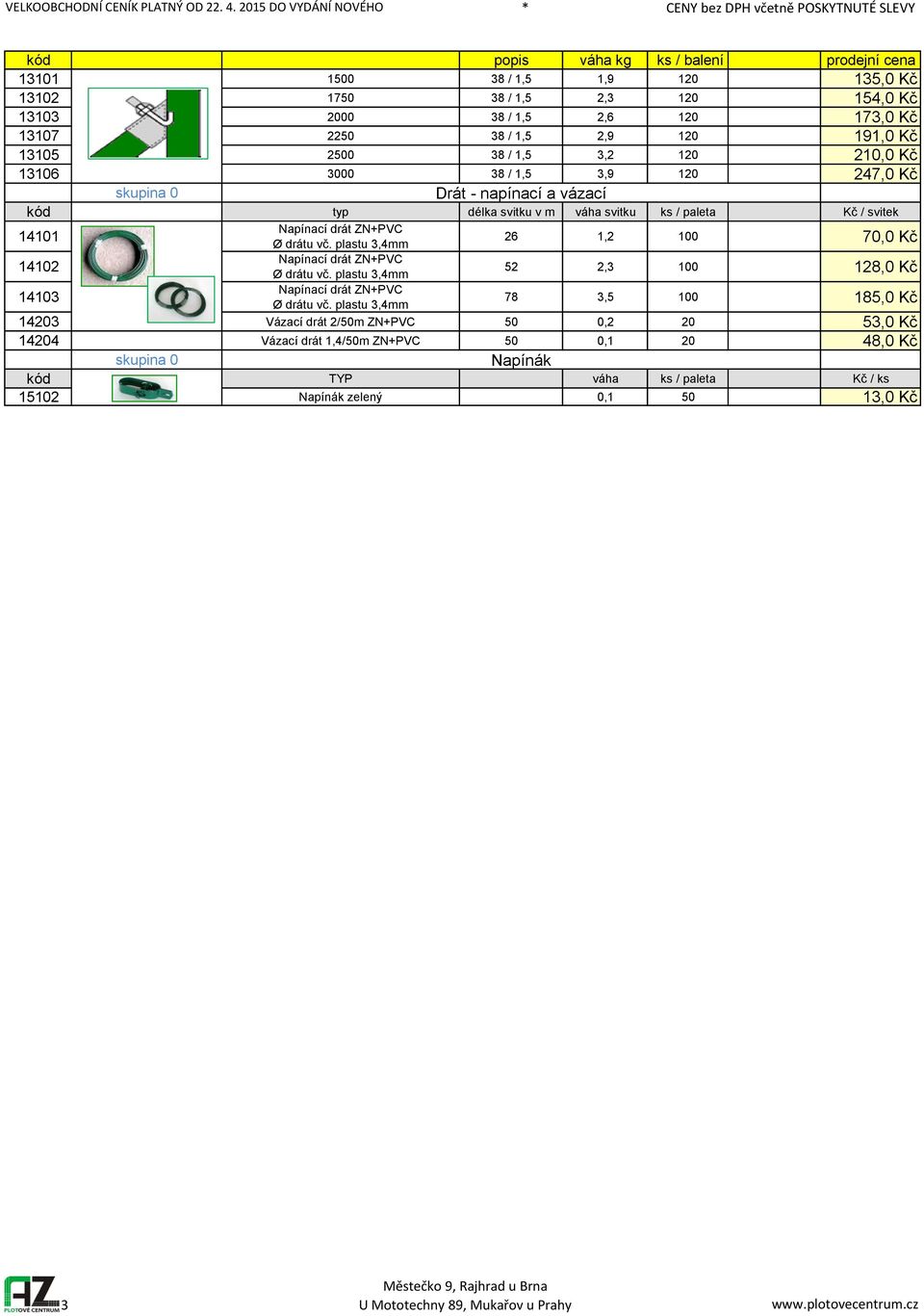 plastu,4mm Napínací drát ZN+PVC 14102 Ø drátu vč. plastu,4mm Napínací drát ZN+PVC 1410 Ø drátu vč.