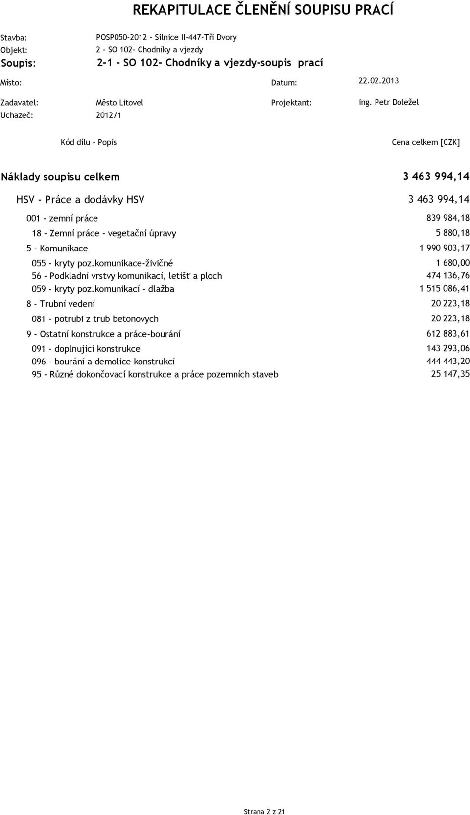 Petr Doležel Kód dílu - Popis Náklady soupisu celkem HSV - Práce a dodávky HSV 001 - zemní práce 18 - Zemní práce - vegetační úpravy 5 - Komunikace 055 - kryty poz.