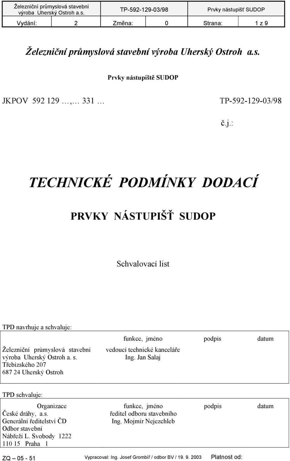 s. Třebízského 207 687 24 Uherský Ostroh funkce, jméno podpis datum vedoucí technické kanceláře Ing.