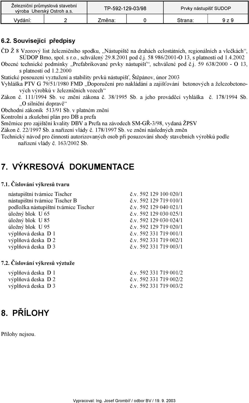 vyztužení a stability prvků nástupišť, Štěpánov, únor 2003 Vyhláška PTV G 79/51/1980 FMD Doporučení pro nakládání a zajišťování betonových a železobetonových výrobků v železničních vozech Zákon č.