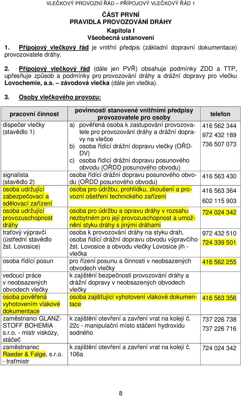 Osoby vlečkového provozu: pracovní činnost dispečer vlečky (stavědlo 1) signalista (stavědlo 2) osoba udržující zabezpečovací a sdělovací zařízení osoba udržující provozuschopnost dráhy traťový