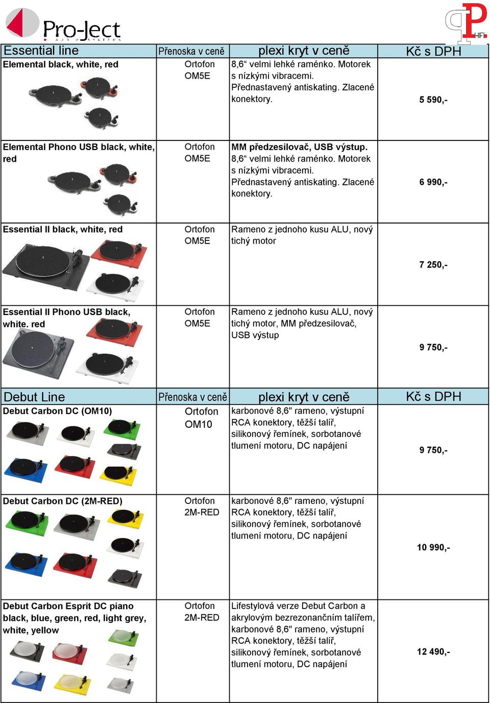 6 990,- Essential II black, white, red Rameno z jednoho kusu ALU, nový tichý motor 7 250,- Essential II Phono USB black, white, red Rameno z jednoho kusu ALU, nový tichý motor, MM předzesilovač, USB