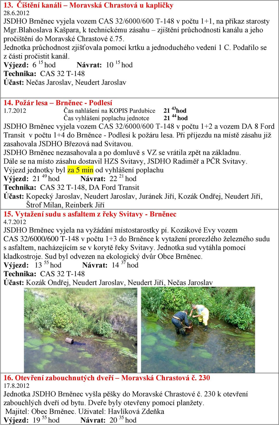 Podařilo se z části pročistit kanál. Výjezd: 6 15 hod Návrat: 10 15 hod Účast: Nečas Jaroslav, Neudert Jaroslav 14. Požár lesa Brněnec - Podlesí 1.7.