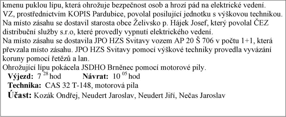 Na místo zásahu se dostavila JPO HZS Svitavy vozem AP 20 Š 706 v počtu 1+1, která převzala místo zásahu.