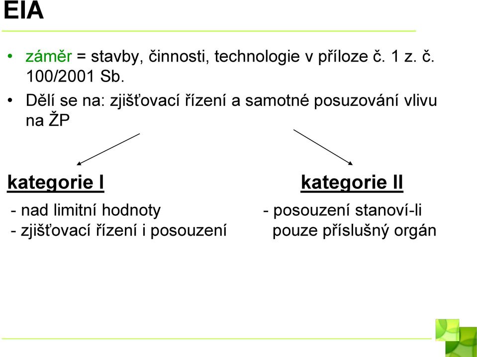 kategorie I - nad limitní hodnoty - zjišťovací řízení i