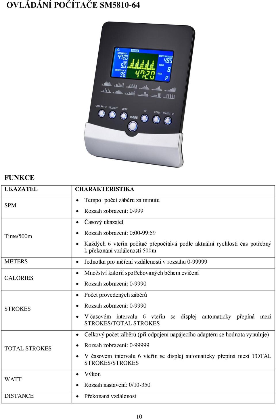 spotřebovaných během cvičení Rozsah zobrazení: 0-9990 Počet provedených záběrů Rozsah zobrazení: 0-9990 V časovém intervalu 6 vteřin se displej automaticky přepíná mezi STROKES/TOTAL STROKES Celkový
